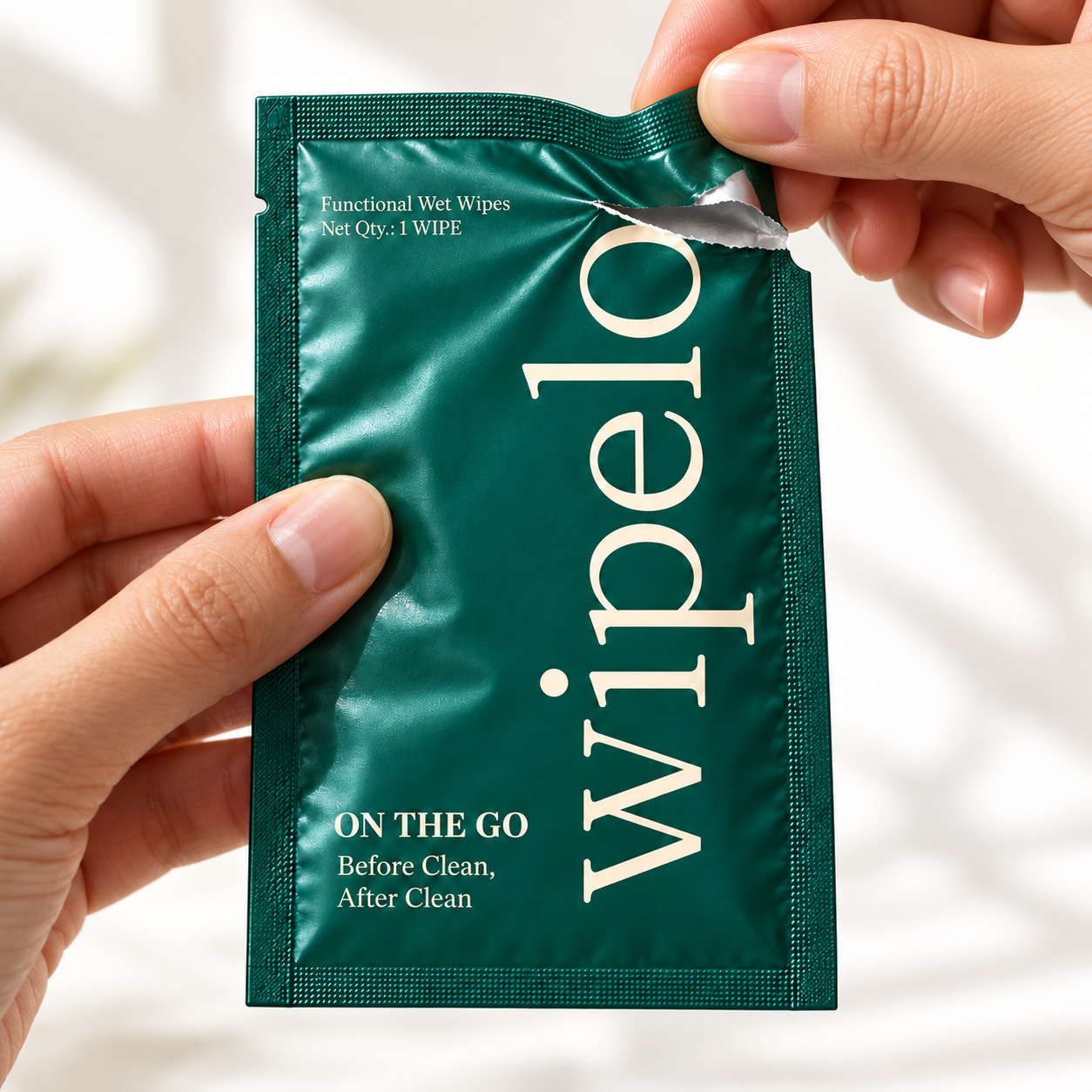 Hands tearing a Wipelo wipe sachet at the notch